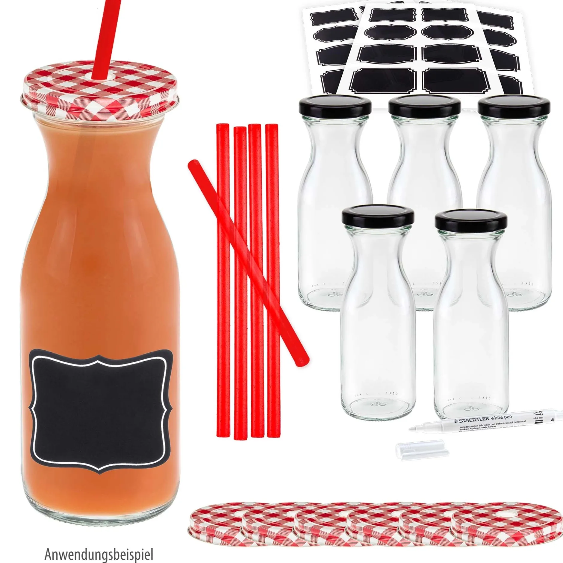 Karaffenflasche 250 ml mit Trinkhalmdeckel, 6er Set