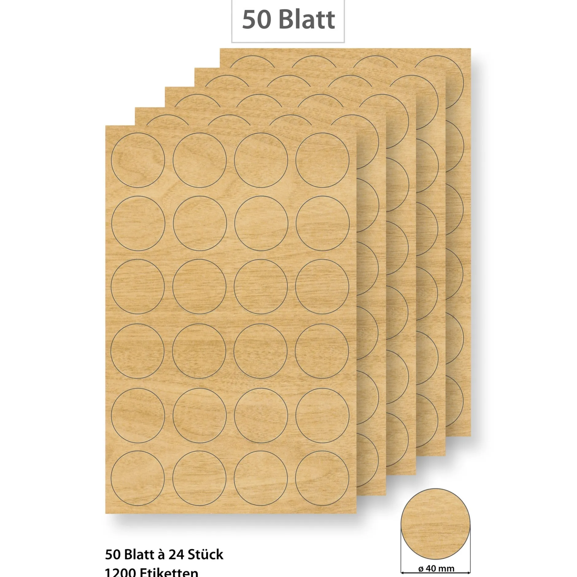 Steffis Etiketten rund 40 mm Holzdekor - 50 Blatt A4